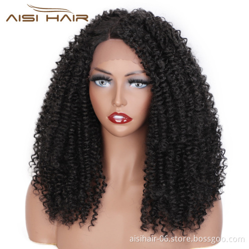 Aisi Hair Medium Long Afro Curly Fluffy Wig Natural Black Kinky Lace Frontal Wig Synthetic Lace Front Hair Wigs For Black Women